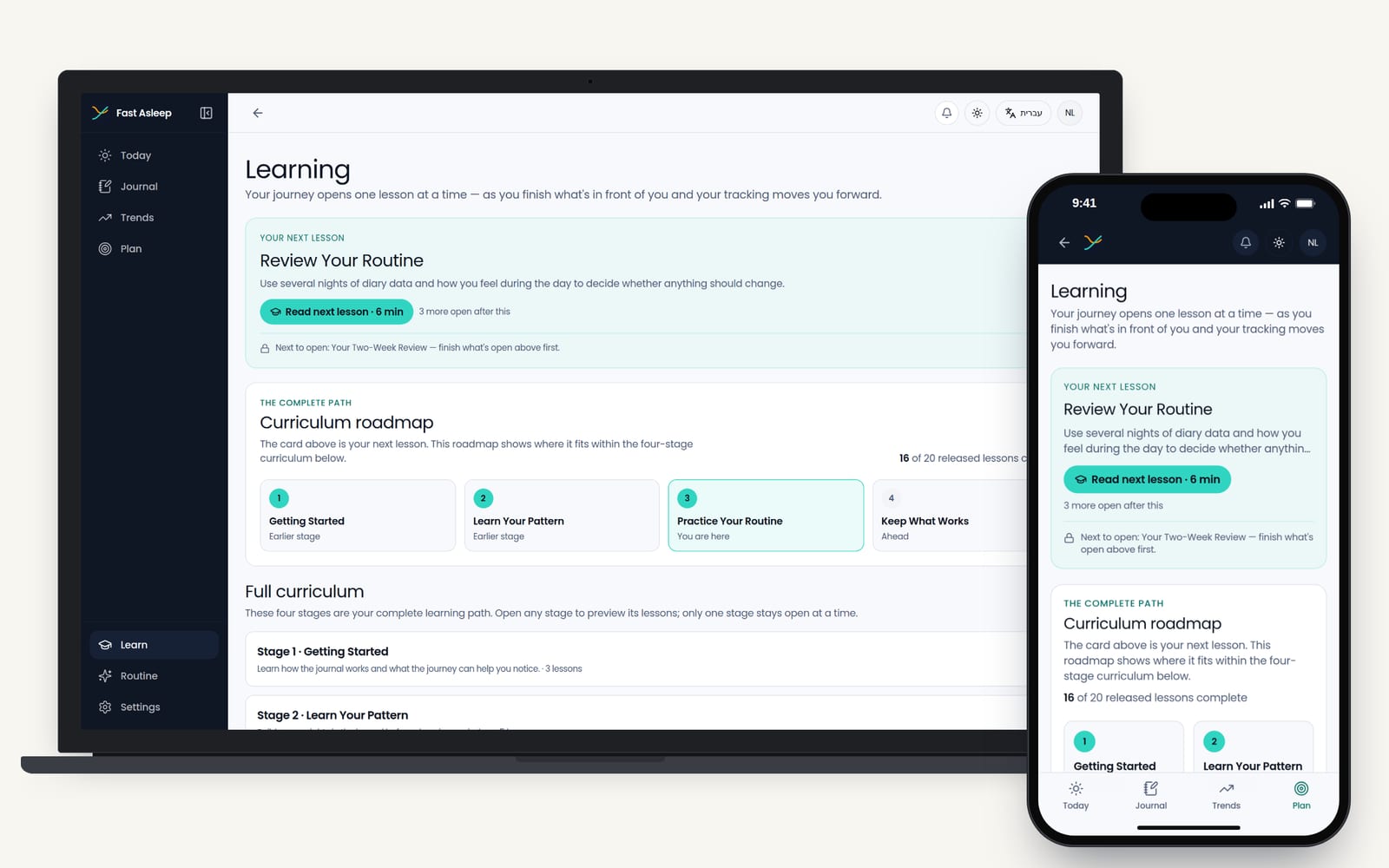 The Fast Asleep app's Learning screen: the next lesson and the four-stage roadmap.