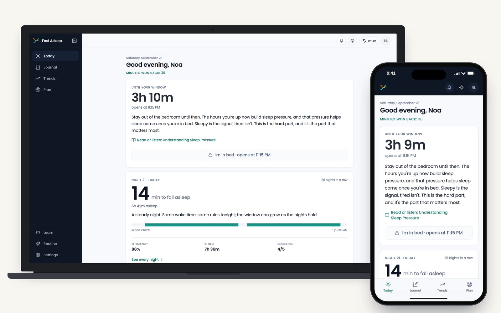 The Fast Asleep app's Today screen on a laptop and a phone: last night's time to fall asleep, time asleep, sleep efficiency and the three-night review.